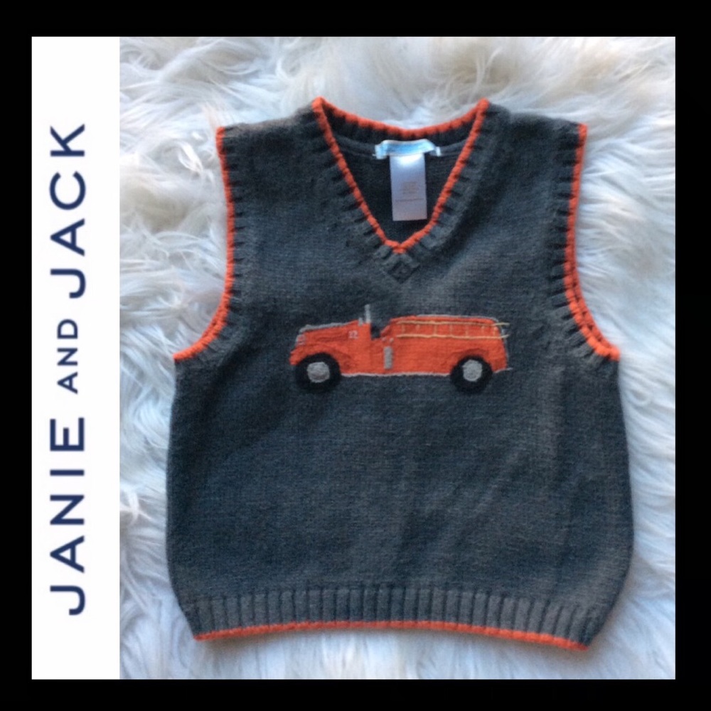 Janie and Jack Gray Sweater Vest with Orange Firetruck Accent